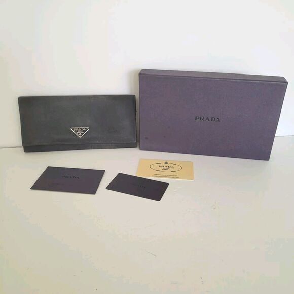 Prada Handbags - PRADA Vintage Tessuto Nero Black Nylon Leather Logo Plate Wallet Large Envelope
